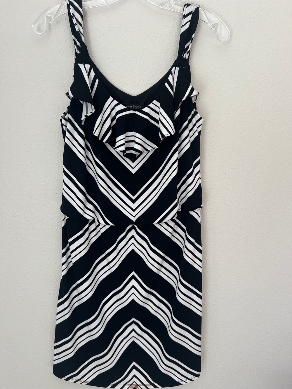 White House Black Market Black and White Striped V-Neck Ruffle Dress